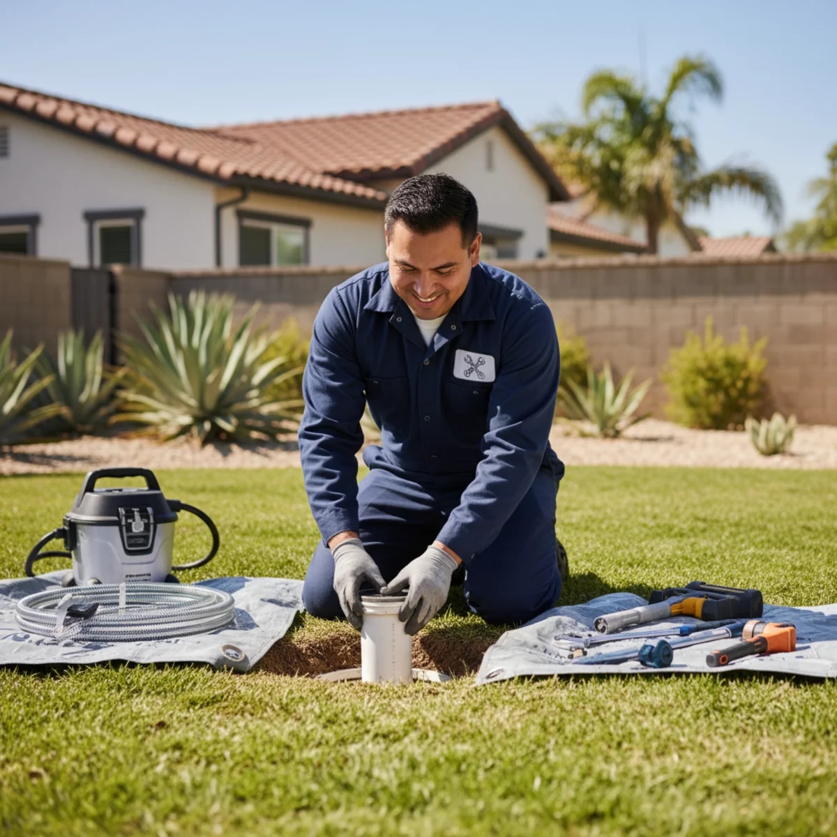 Hemet plumber repairing a sewer line at a cleanout