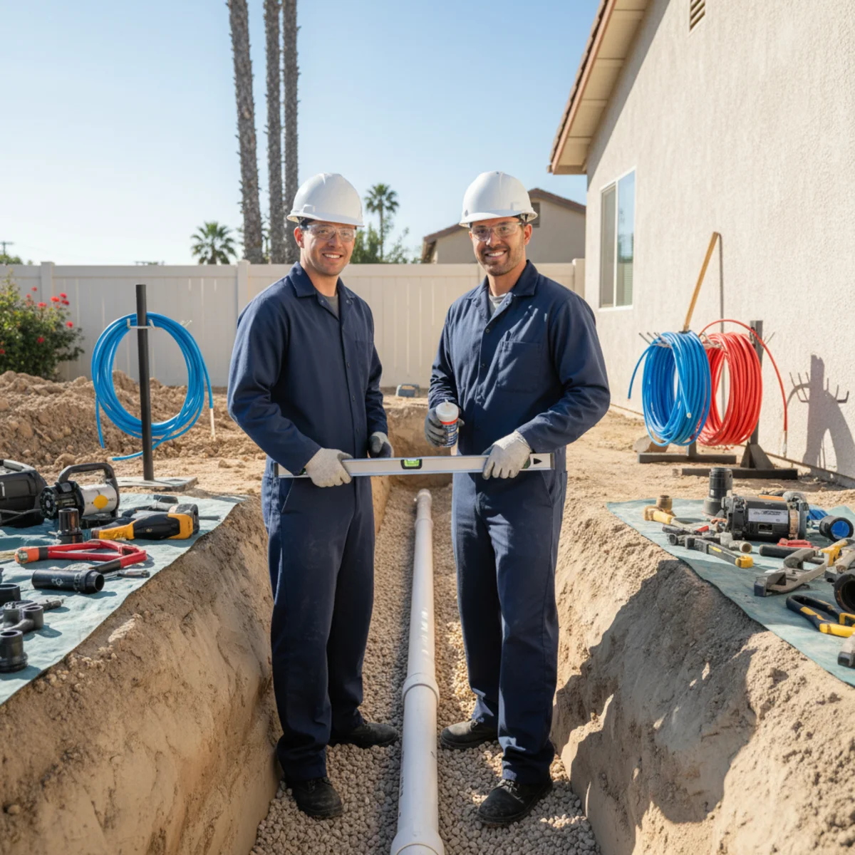 New sewer line being installed in a tidy trench in Hemet