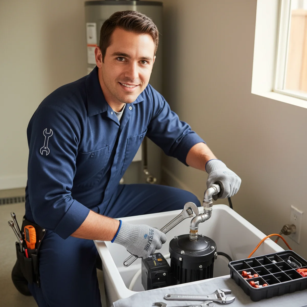 Hemet plumber repairing a sump pump in a basin