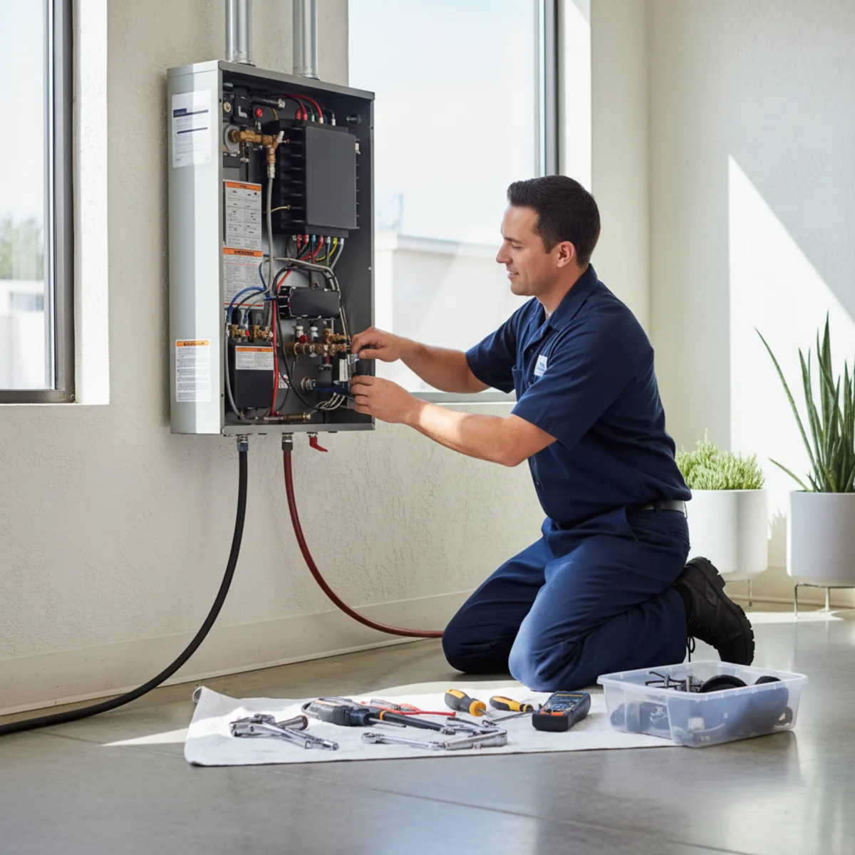 Hemet plumber servicing a wall-mounted tankless water heater