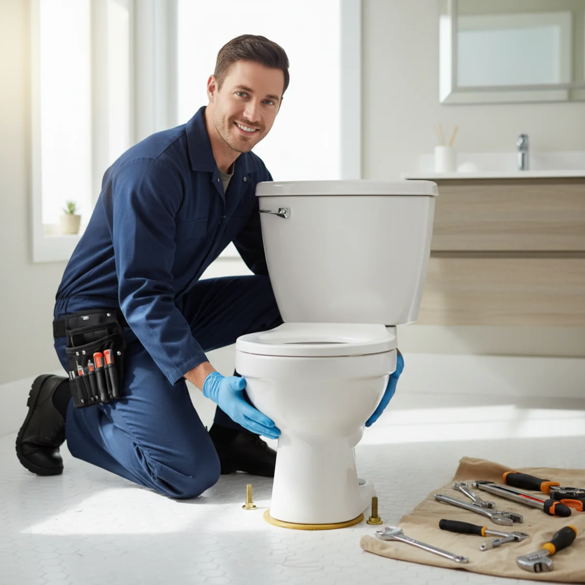 Hemet plumber installing a new toilet