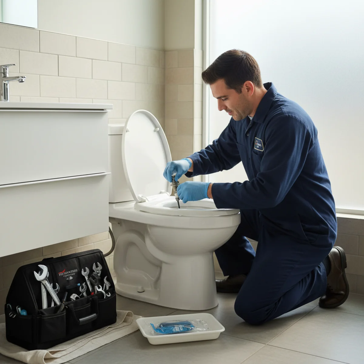 Hemet plumber repairing a toilet in a clean bathroom