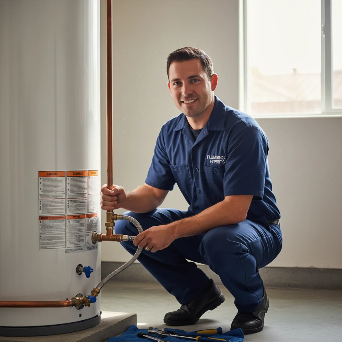 Hemet plumber installing a new water heater with clean connections