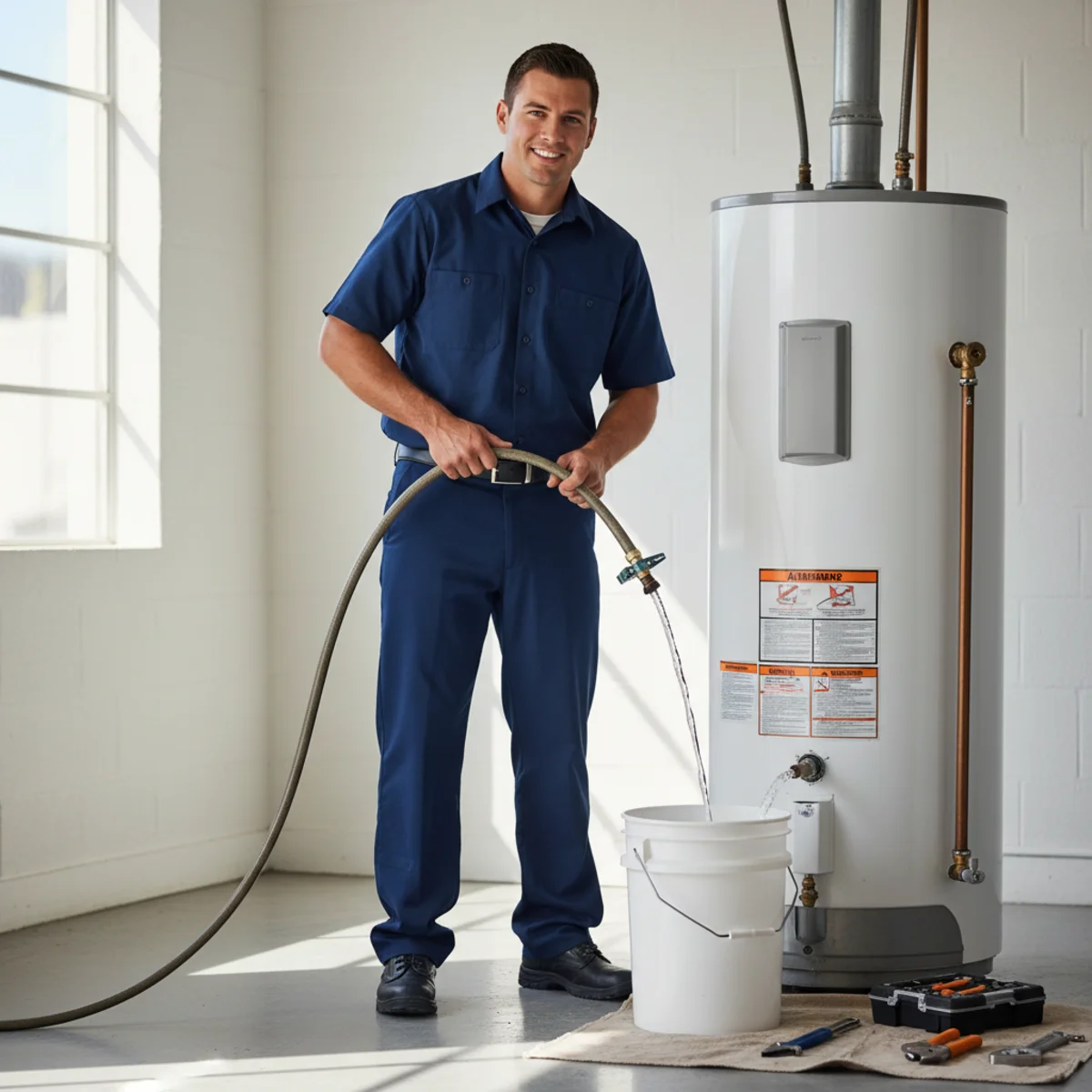 Hemet plumber flushing a water heater to remove sediment