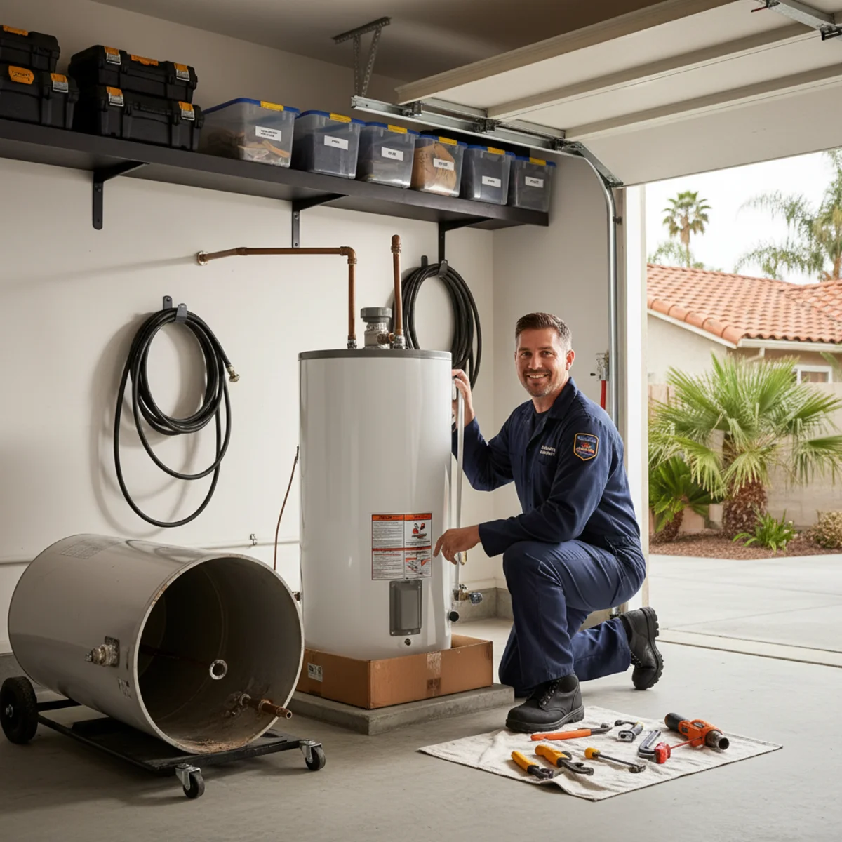 Hemet plumber replacing an old water heater with a new unit