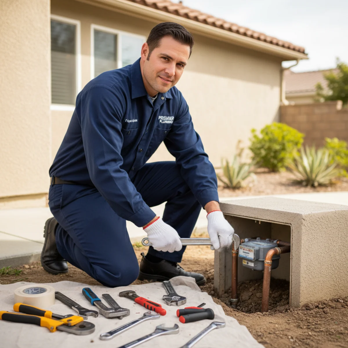 Hemet plumber repairing a main water line near a home