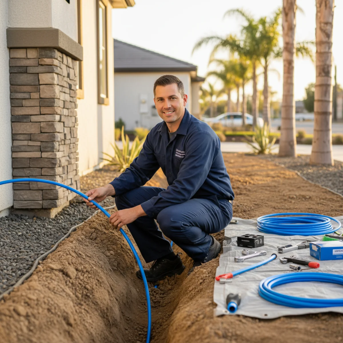 New water service line being installed at a Hemet home