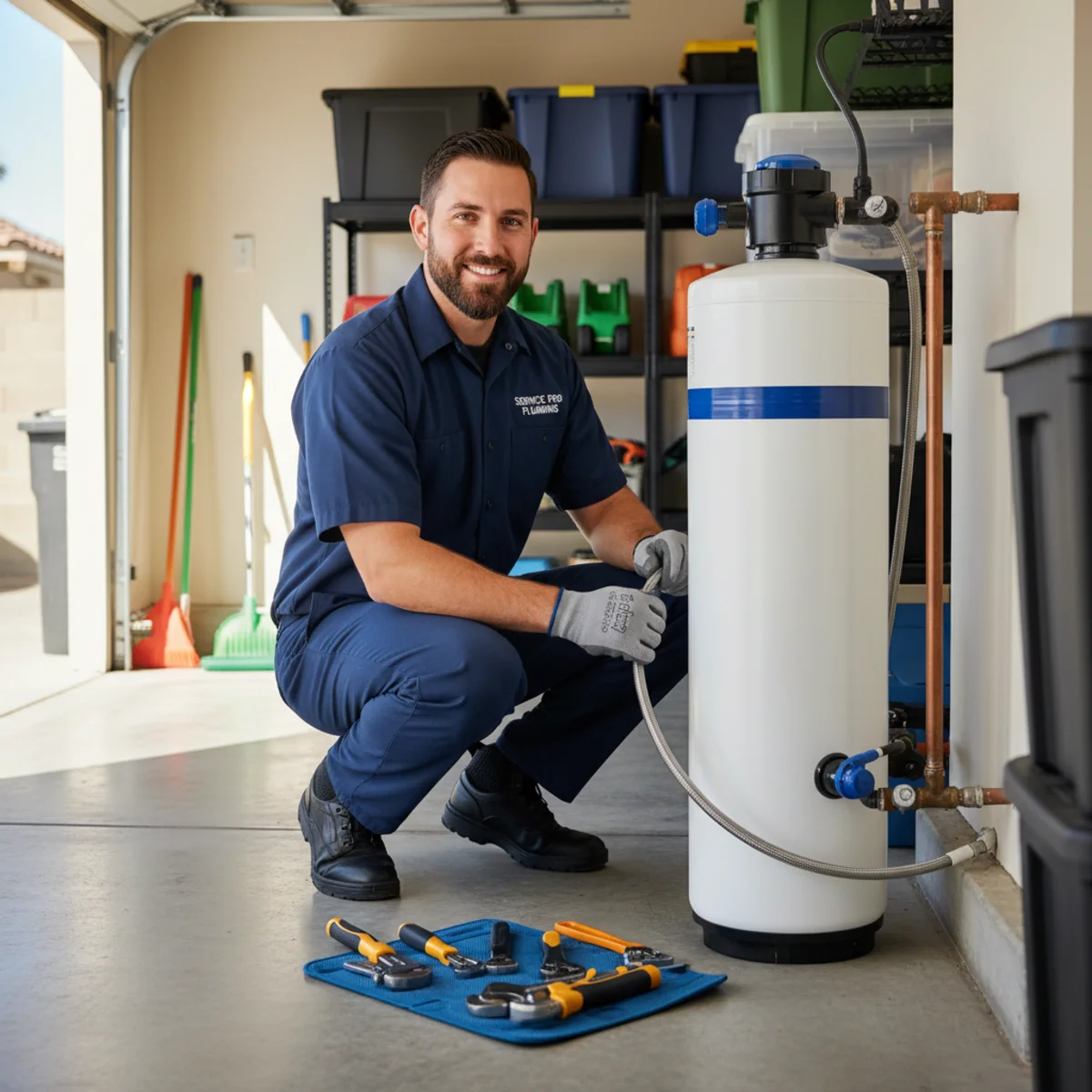 Hemet plumber installing a water softener system in a garage