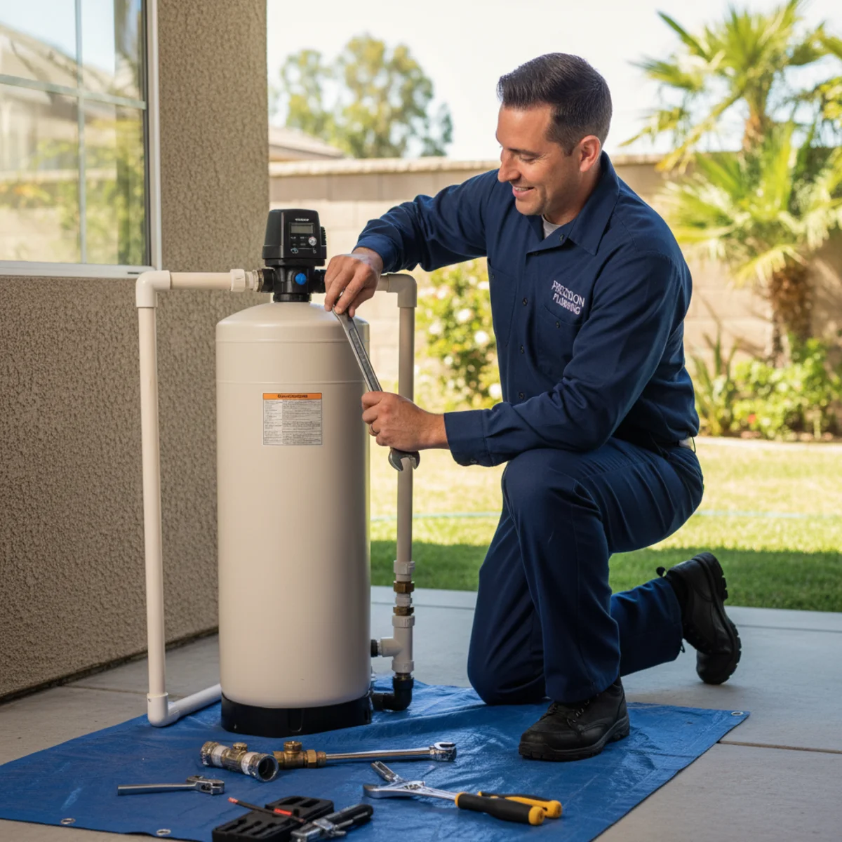 Hemet plumber repairing a water softener control valve